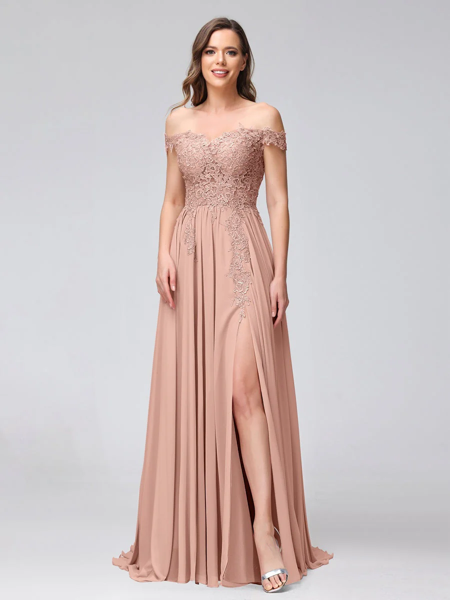 A-Line/Princess Off-the-Shoulder Sleeveless Long Bridesmaid Dresses with Side Slit & Appliqued - Image 7