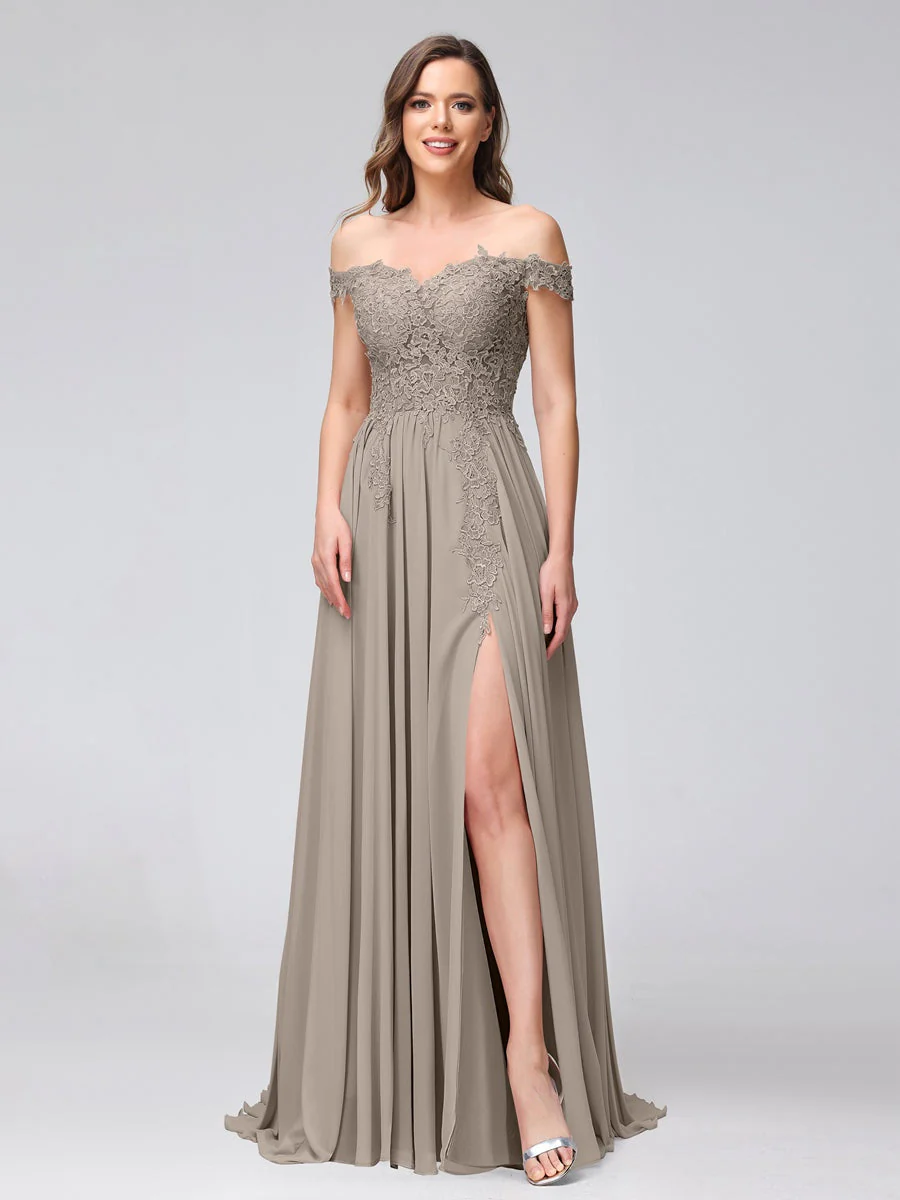 A-Line/Princess Off-the-Shoulder Sleeveless Long Bridesmaid Dresses with Side Slit & Appliqued - Image 72