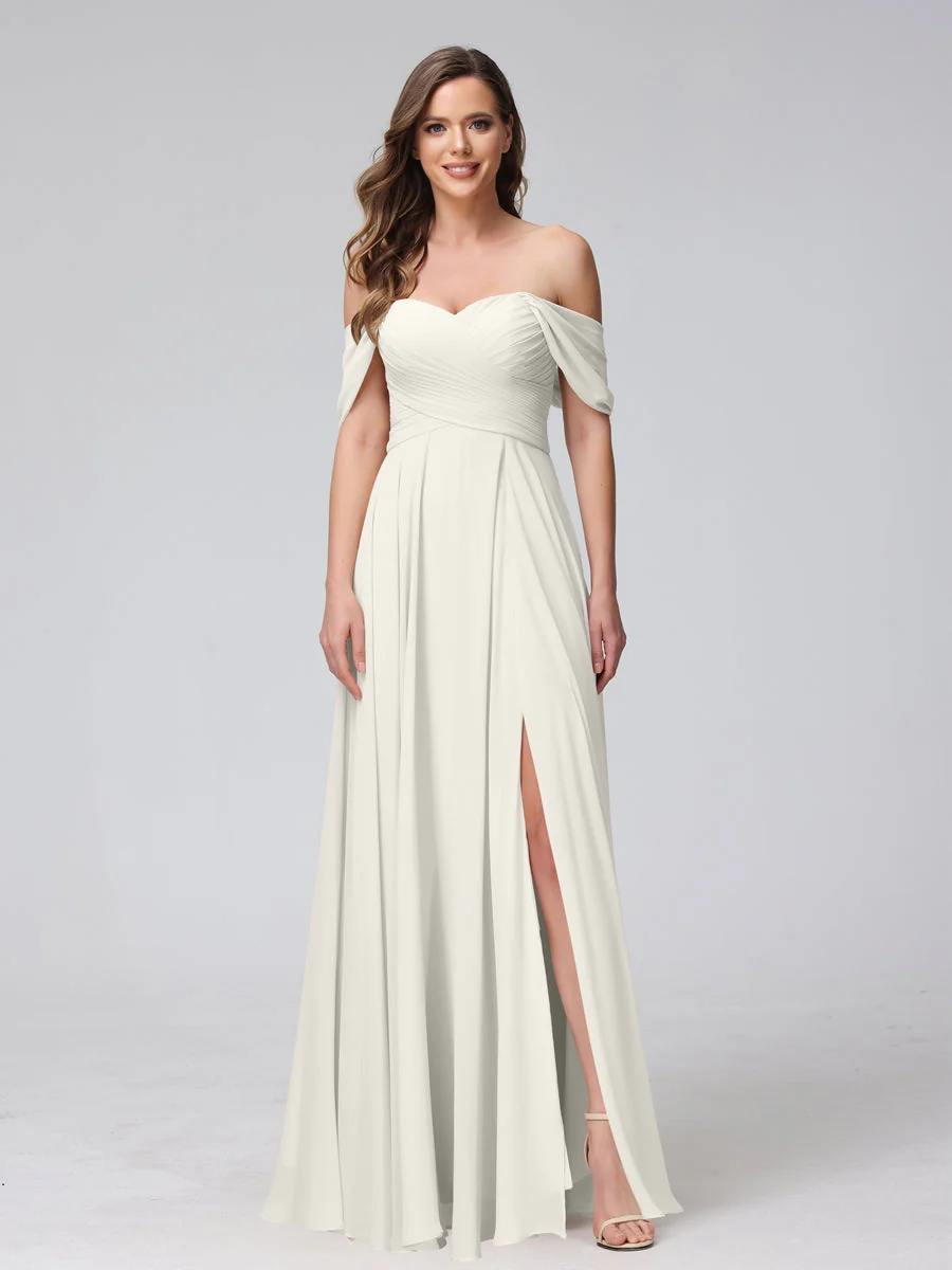 A-Line/Princess Off-the-Shoulder Sleeveless Floor-Length Bridemaid Dresses with Split Side & Ruched - Image 22