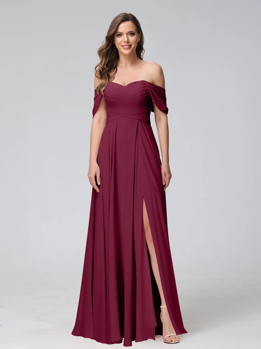 A-Line/Princess Off-the-Shoulder Sleeveless Floor-Length Bridemaid Dresses with Split Side & Ruched - Image 39