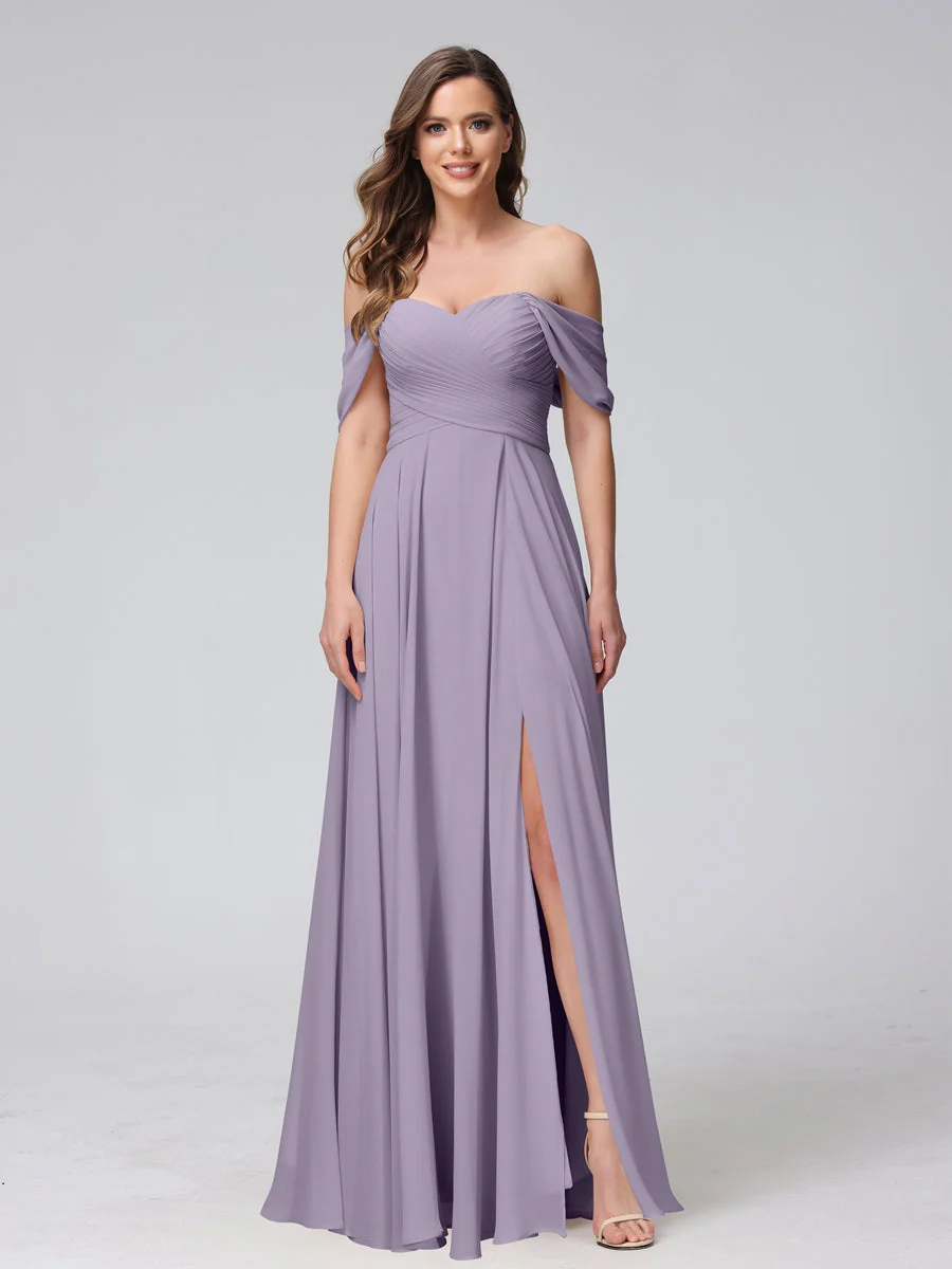 A-Line/Princess Off-the-Shoulder Sleeveless Floor-Length Bridemaid Dresses with Split Side & Ruched - Image 40