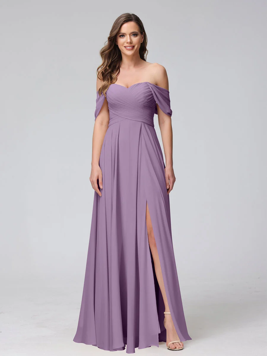 A-Line/Princess Off-the-Shoulder Sleeveless Floor-Length Bridemaid Dresses with Split Side & Ruched - Image 41