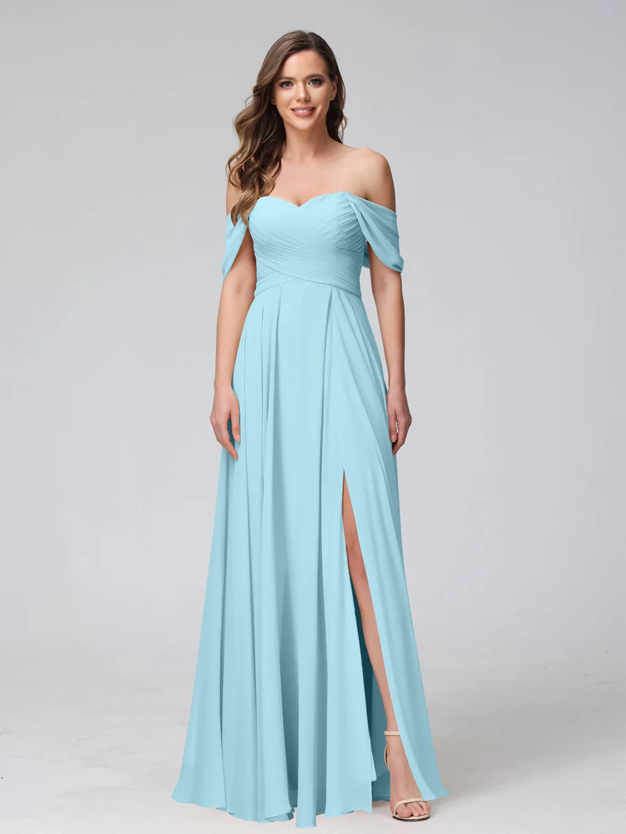 A-Line/Princess Off-the-Shoulder Sleeveless Floor-Length Bridemaid Dresses with Split Side & Ruched - Image 50