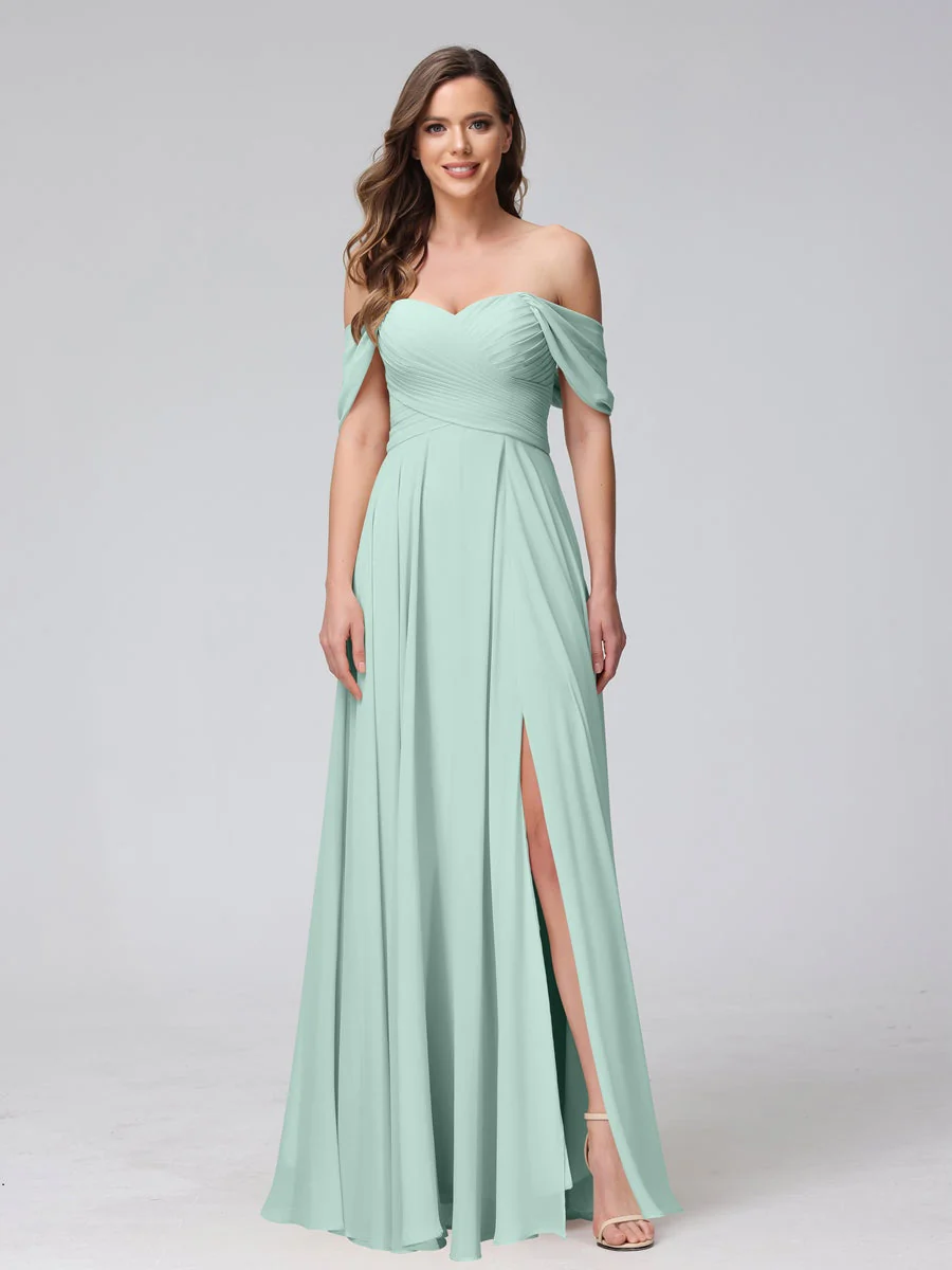 A-Line/Princess Off-the-Shoulder Sleeveless Floor-Length Bridemaid Dresses with Split Side & Ruched - Image 61