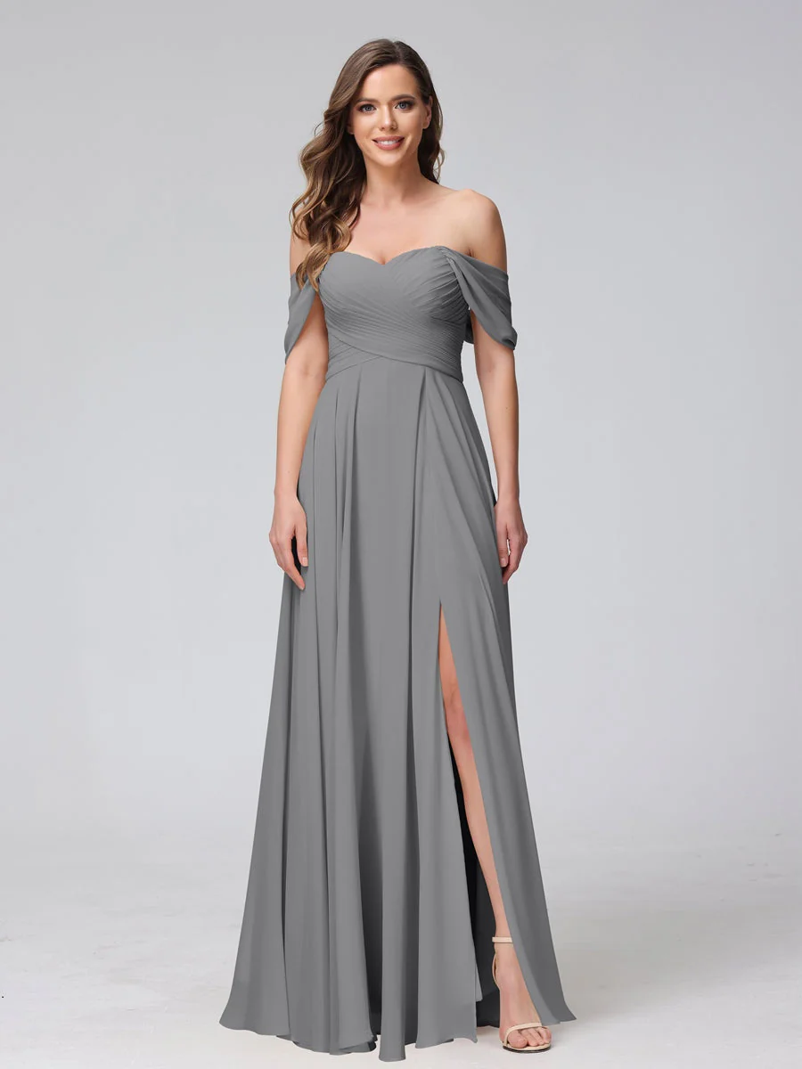 A-Line/Princess Off-the-Shoulder Sleeveless Floor-Length Bridemaid Dresses with Split Side & Ruched - Image 76