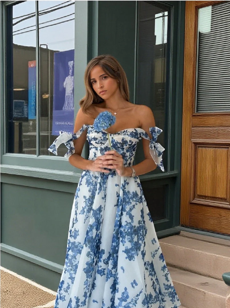 A-Line/Princess Off-the-Shoulder Sleeveless Tea-Length Floral Homecoming Dresses - Image 3