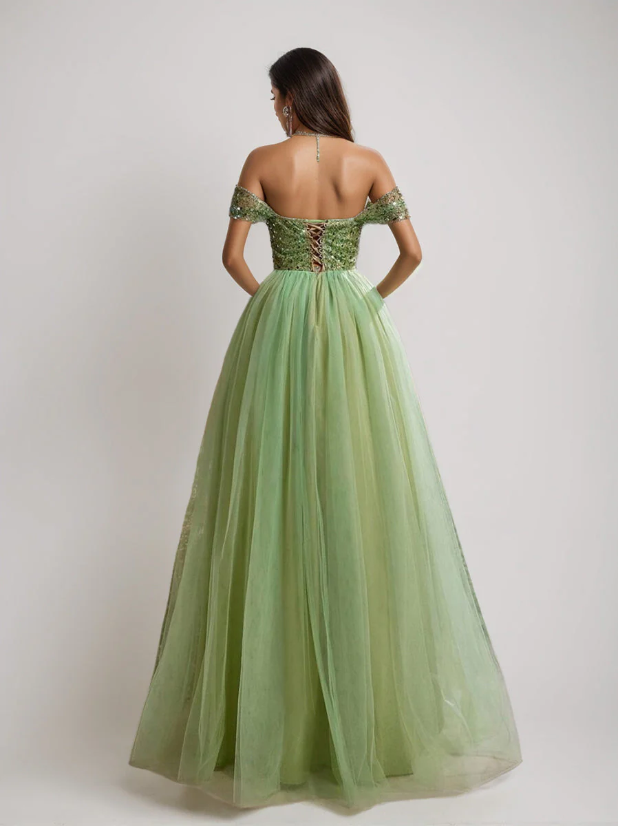 A-Line/Princess Off-the-Shoulder Sleeveless Tulle Luxurious Prom Dresses with Sequins - Image 2