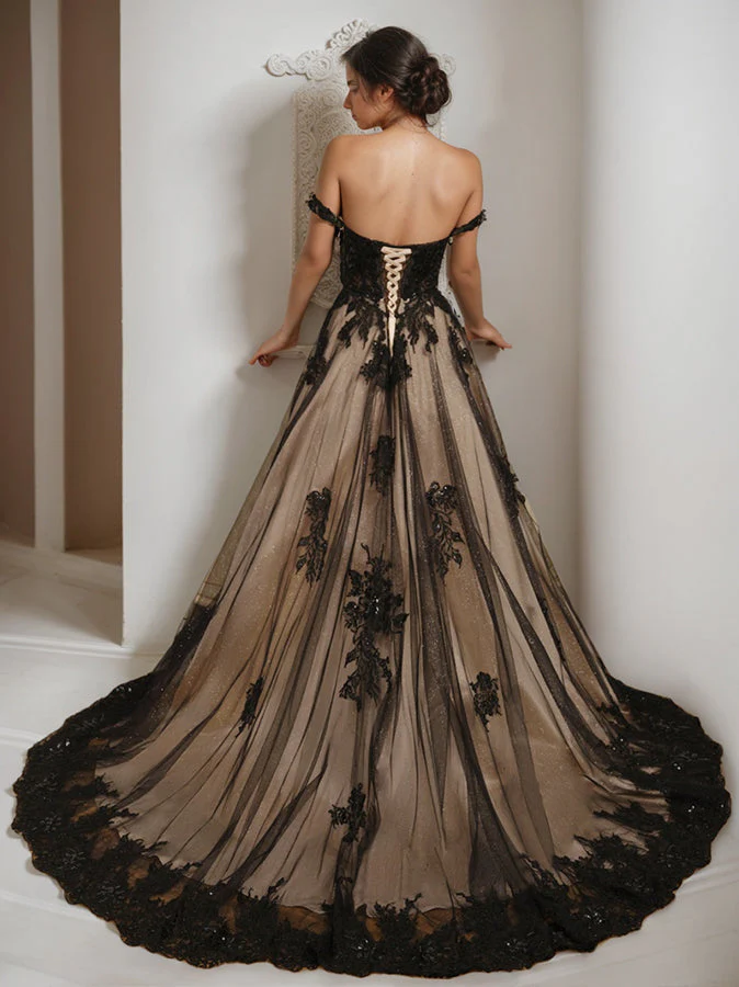 A-Line/Princess Off-the-Shoulder Sleeveless Tulle Wedding Dress with Appliques & Beading - Image 3
