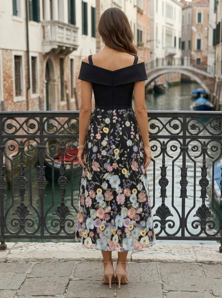 A-Line/Princess Off-the-Shoulder Stretch Satin Cocktail Dresses Sleeveless Tea-Length Floral Formal Dresses - Image 2