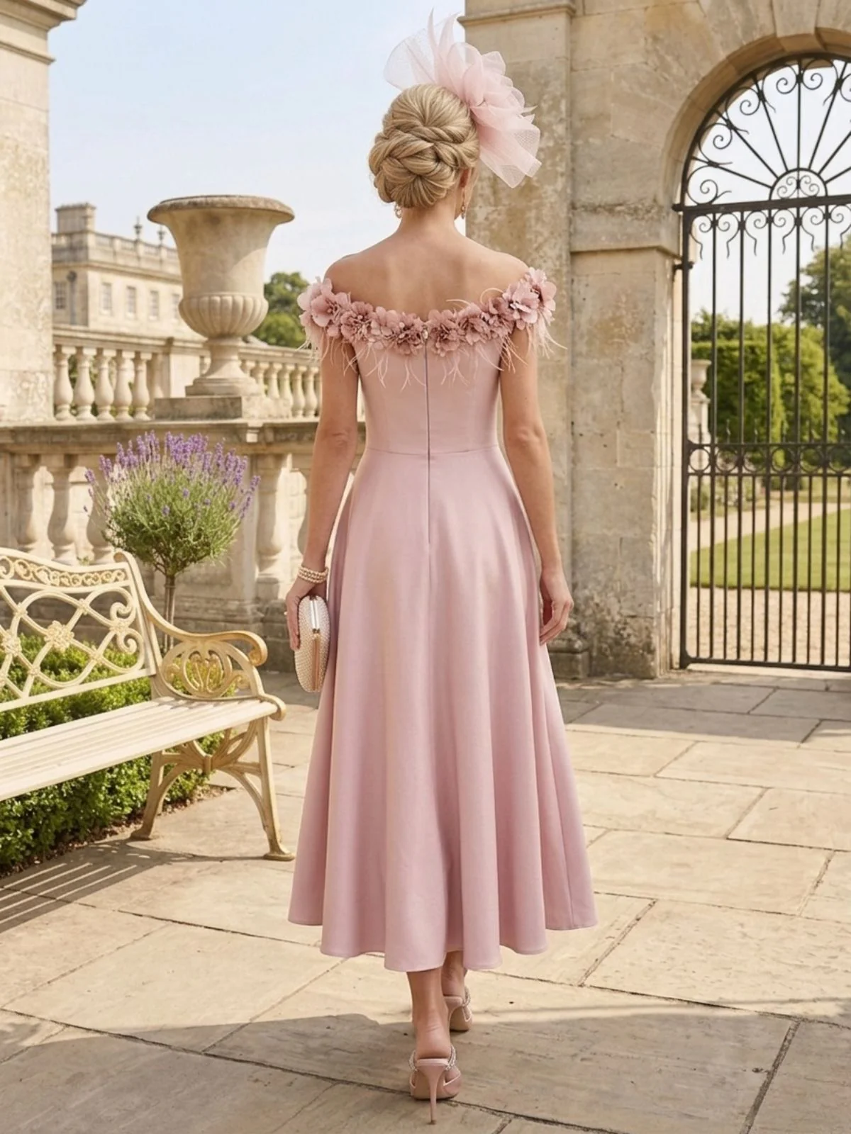 A-Line/Princess Off-the-Shoulder Stretch Satin Mother of the Bride Dresses Tea-Length Sleeveless WIth 3D Flowers - Image 2