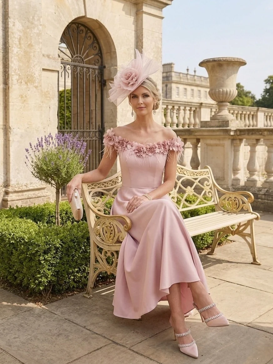 A-Line/Princess Off-the-Shoulder Stretch Satin Mother of the Bride Dresses Tea-Length Sleeveless WIth 3D Flowers - Image 4