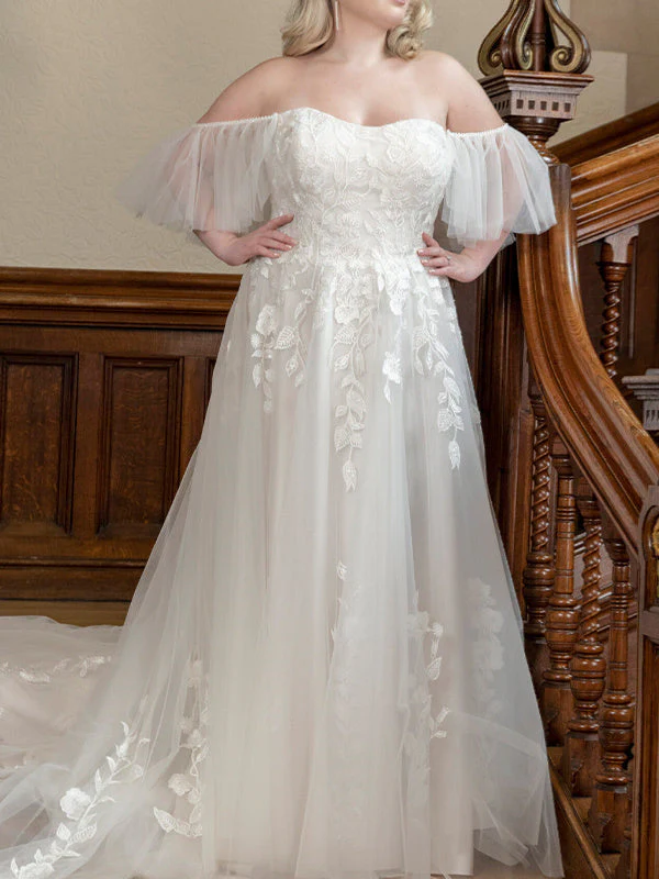 A-Line/Princess Off-the-shoulder Sweep Train Sleeveless Tulle Wedding Dresses With Appliques Lace - Image 3