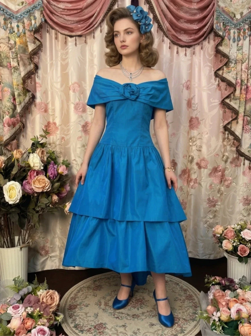 A-Line/Princess Off-the-Shoulder Taffeta Prom Dresses Vintage 80s Iridescent Dress Sleeveless Tea-Length 3D Flower - Image 3
