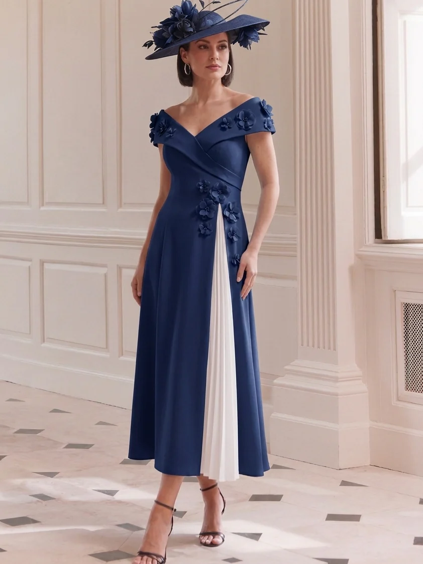 A Line/Princess Off-the-Shoulder Tea-Length Mother of the Bride Dresses with 3D Flower&Pleats - Image 5