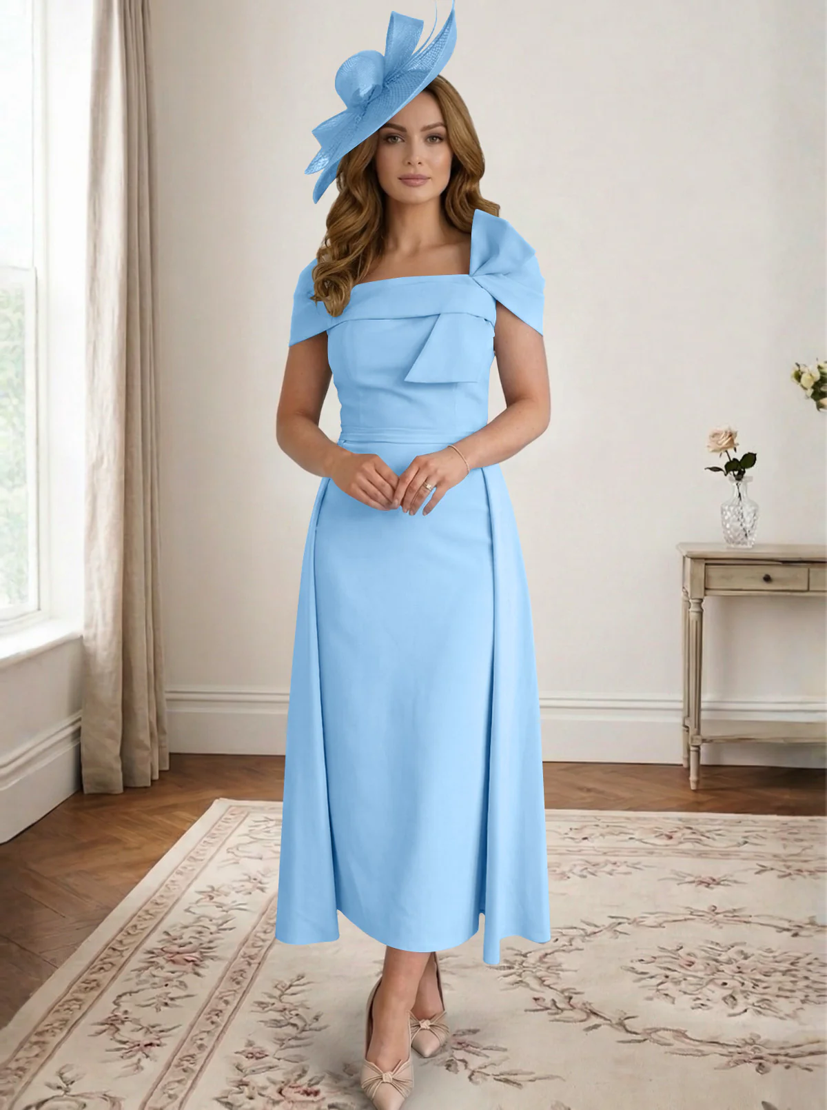 A Line/Princess Off-the-Shoulder Tea-Length Mother of the Bride Dresses with Bowknot - Image 3