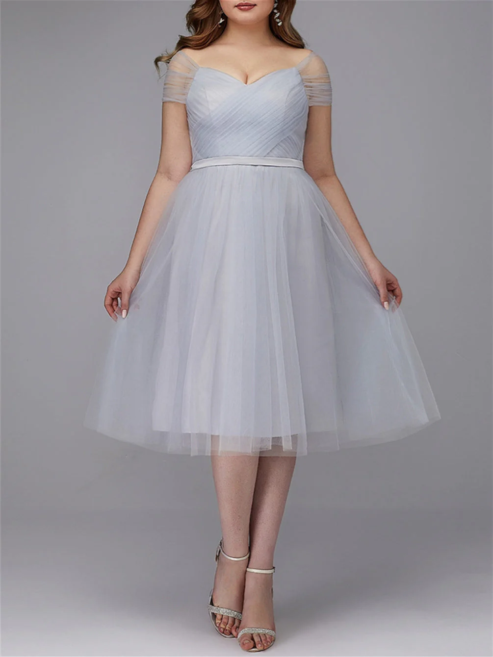 A-Line/Princess Off-the-Shoulder Tea-Length Prom Dresses