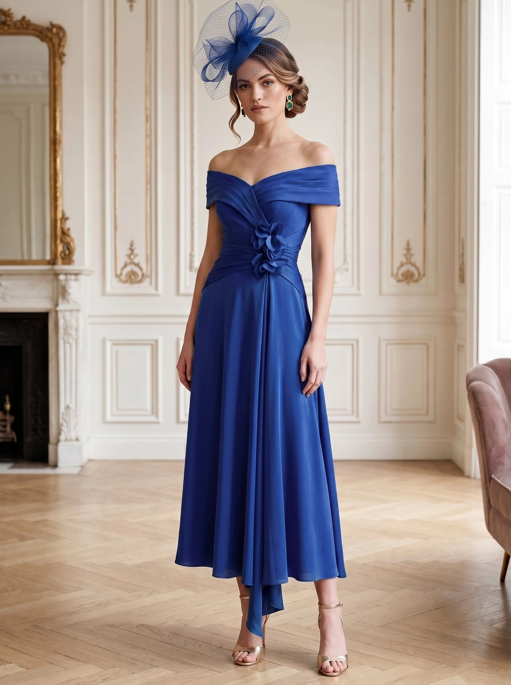 A-Line/Princess Off-the-Shoulder Tea-Length Sleeveless Mother of the Bride Dresses with 3D Flowers - Image 3