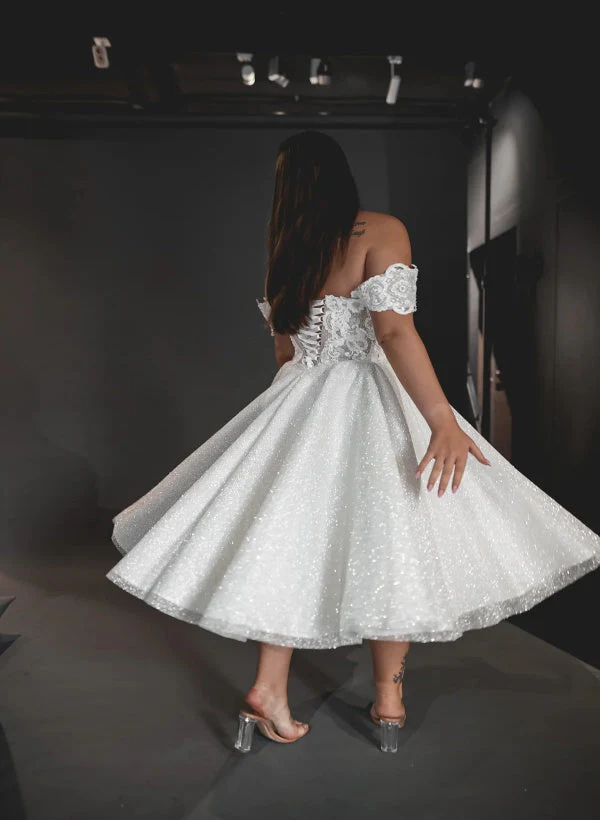 A-Line/Princess Off-the-Shoulder Tea-Length Lace Wedding Dress - Image 2