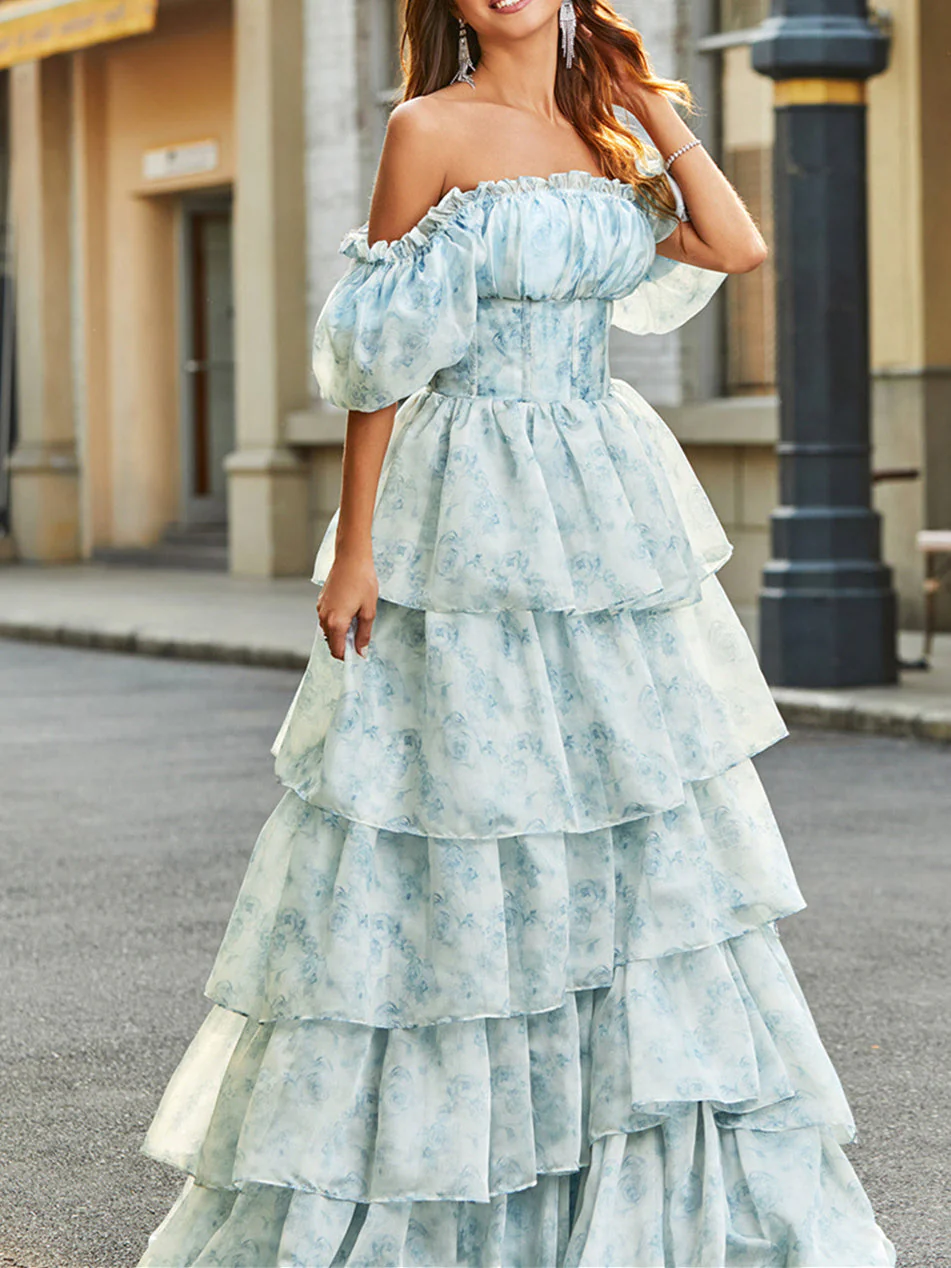 A-Line/Princess Off-the-Shoulder Tiered Floral Floor-Length Formal Dress - Image 9