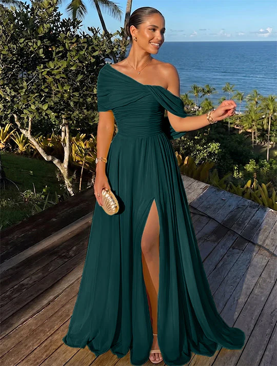 A-Line/Princess One-Shoulder Chiffon Evening Dresses with Split Side Floor-Length Sleeveless Party Dresses Ruched - Image 4