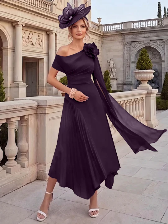 A-Line/Princess One-Shoulder Chiffon Mother of the Bride Dresses Ankle-Length Sleeveless Asymmetrical 3D Flower - Image 29