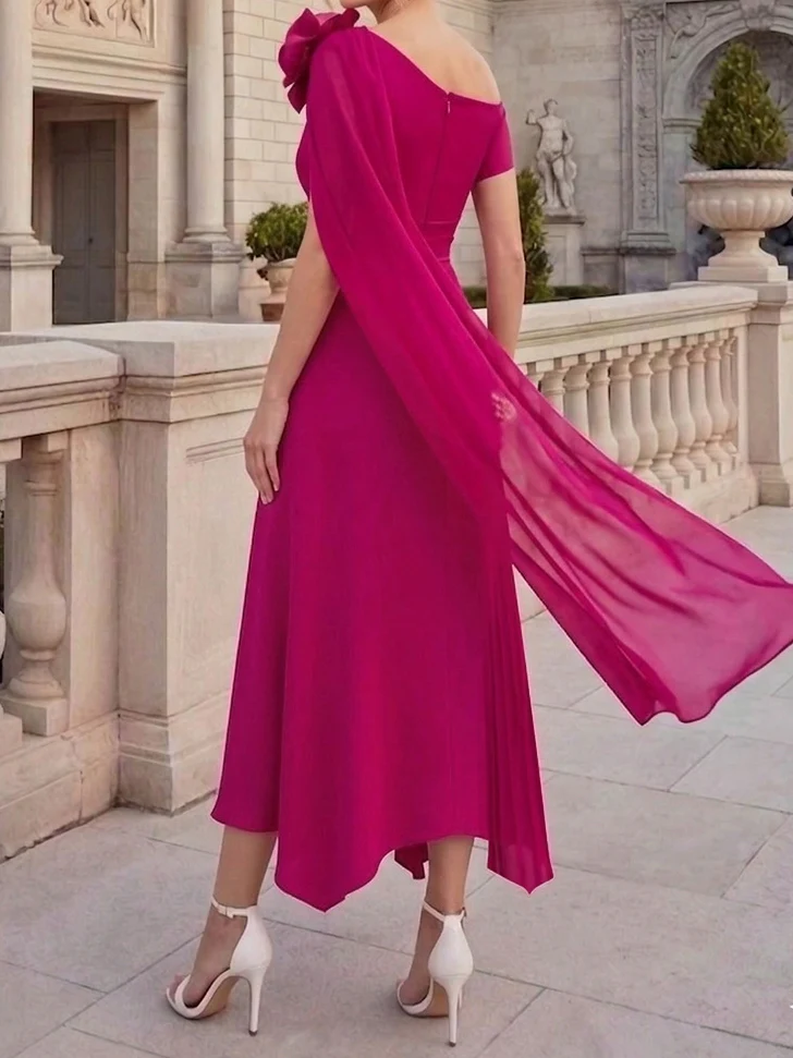 A-Line/Princess One-Shoulder Chiffon Mother of the Bride Dresses Ankle-Length Sleeveless Asymmetrical 3D Flower - Image 3