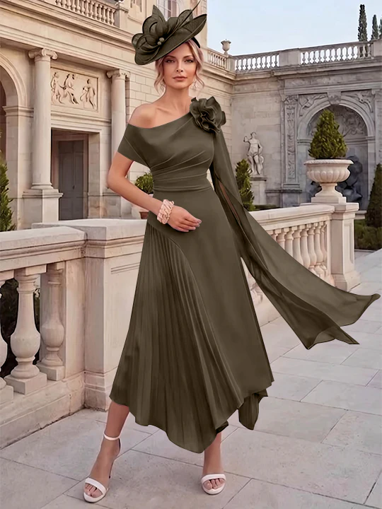 A-Line/Princess One-Shoulder Chiffon Mother of the Bride Dresses Ankle-Length Sleeveless Asymmetrical 3D Flower - Image 4