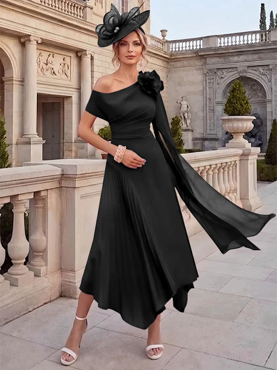 A-Line/Princess One-Shoulder Chiffon Mother of the Bride Dresses Ankle-Length Sleeveless Asymmetrical 3D Flower - Image 5