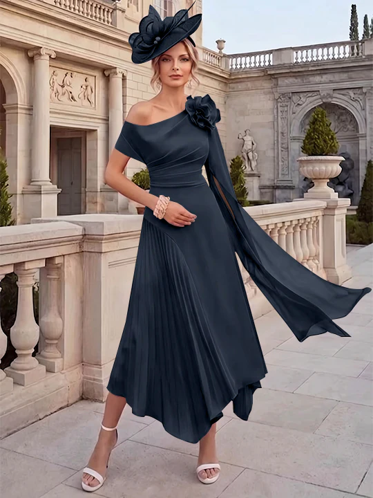 A-Line/Princess One-Shoulder Chiffon Mother of the Bride Dresses Ankle-Length Sleeveless Asymmetrical 3D Flower - Image 6
