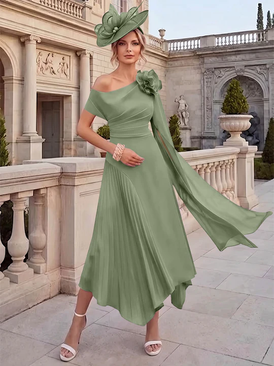 A-Line/Princess One-Shoulder Chiffon Mother of the Bride Dresses Ankle-Length Sleeveless Asymmetrical 3D Flower - Image 7