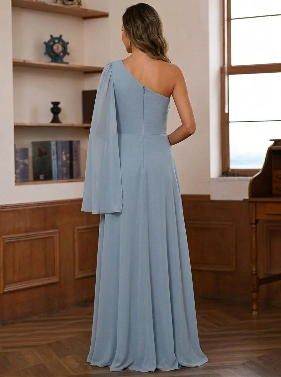 A-Line/Princess One-Shoulder Chiffon Mother of the Bride Dresses Cape Sleeve Ruched Floor-Length - Image 2