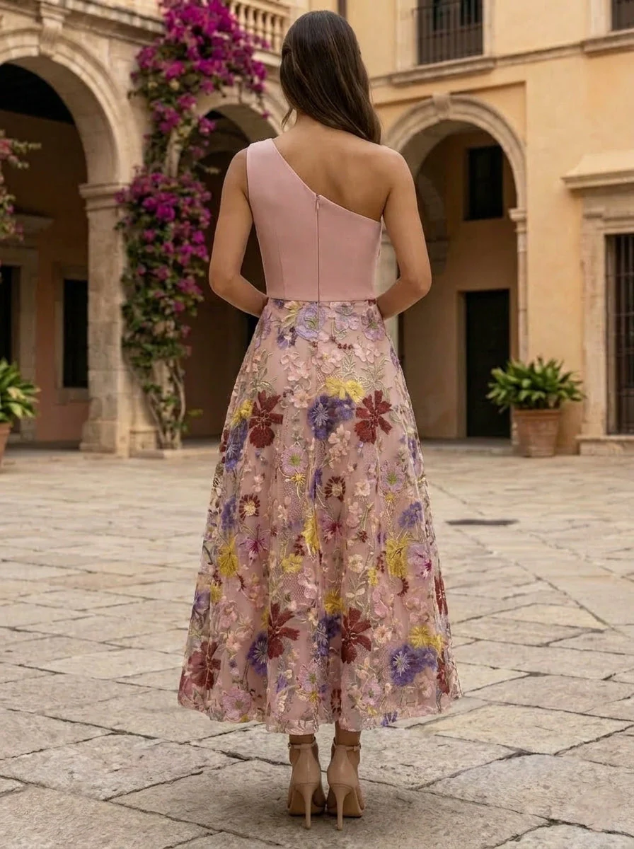 A-Line/Princess One-Shoulder Cocktail Dresses Elastic Chiffon Tea-Length Sleeveless Lace Floral Formal Dresses - Image 2