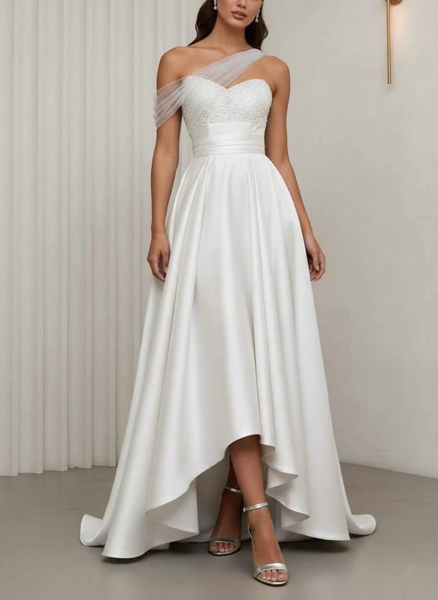 A-Line/Princess One-Shoulder Cocktail Dresses Silk Satin Sleeveless Asymmetrical Floor-Length Sweep Train Tulle Formal Dresses - Image 7