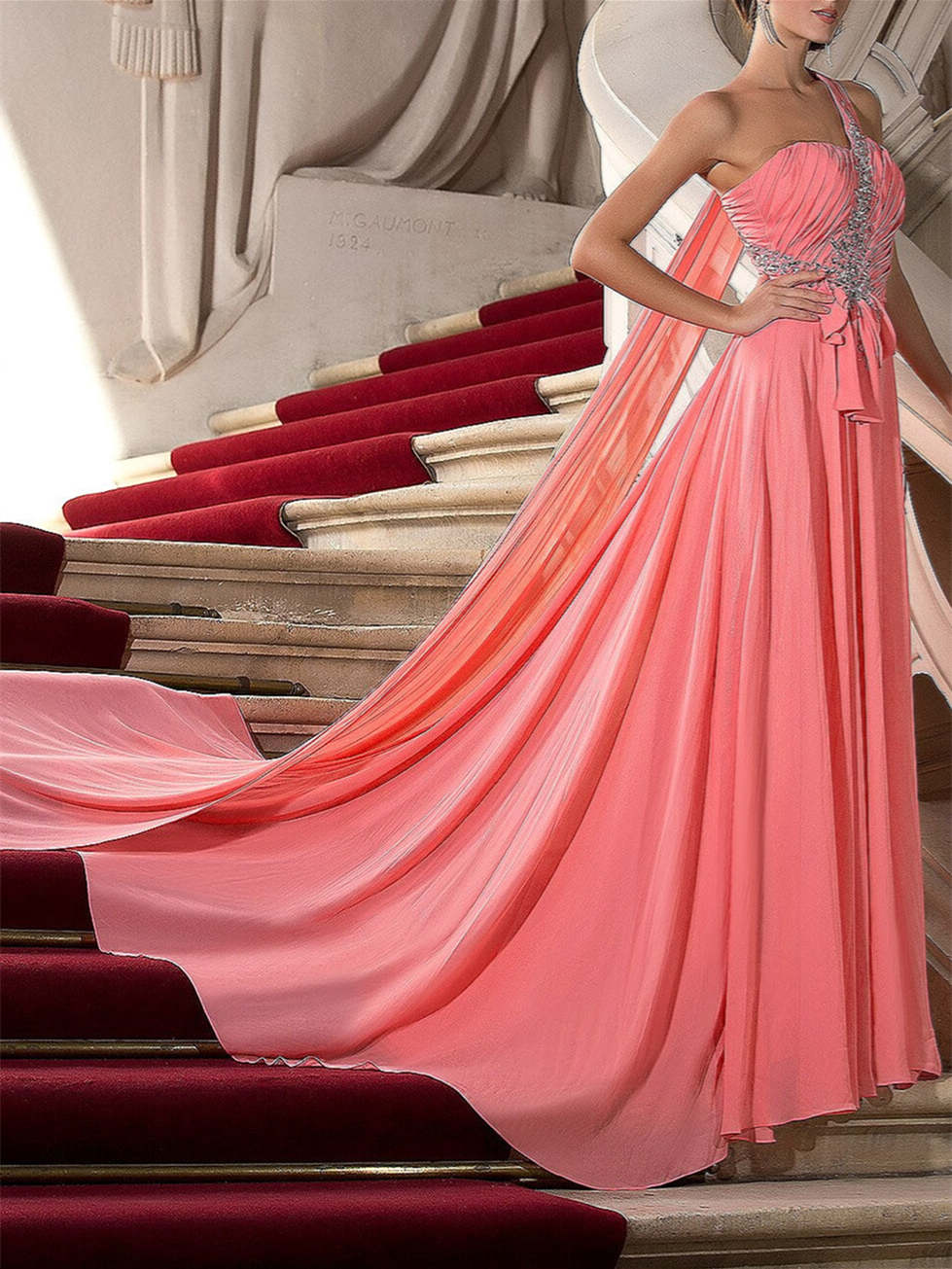 A-Line/Princess One Shoulder Court Train Evening Dresses with Crystals Draping - Image 3