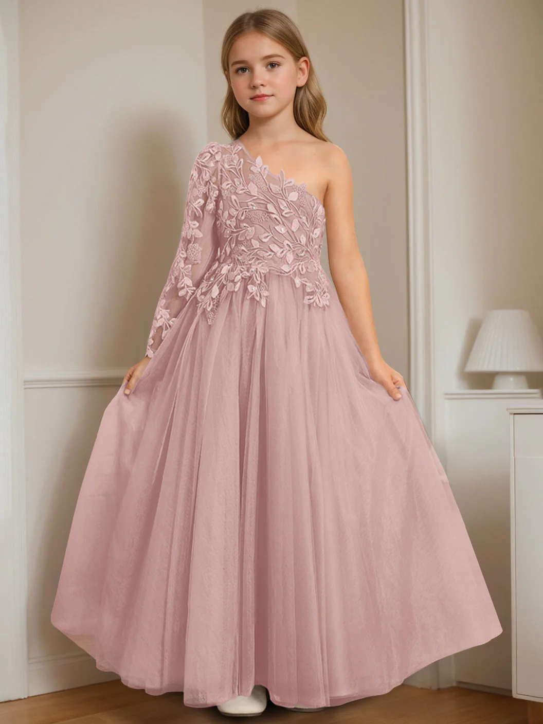 A-Line/Princess One-Shoulder Floor-Length Flower Girl Dress with Appliques - Image 10