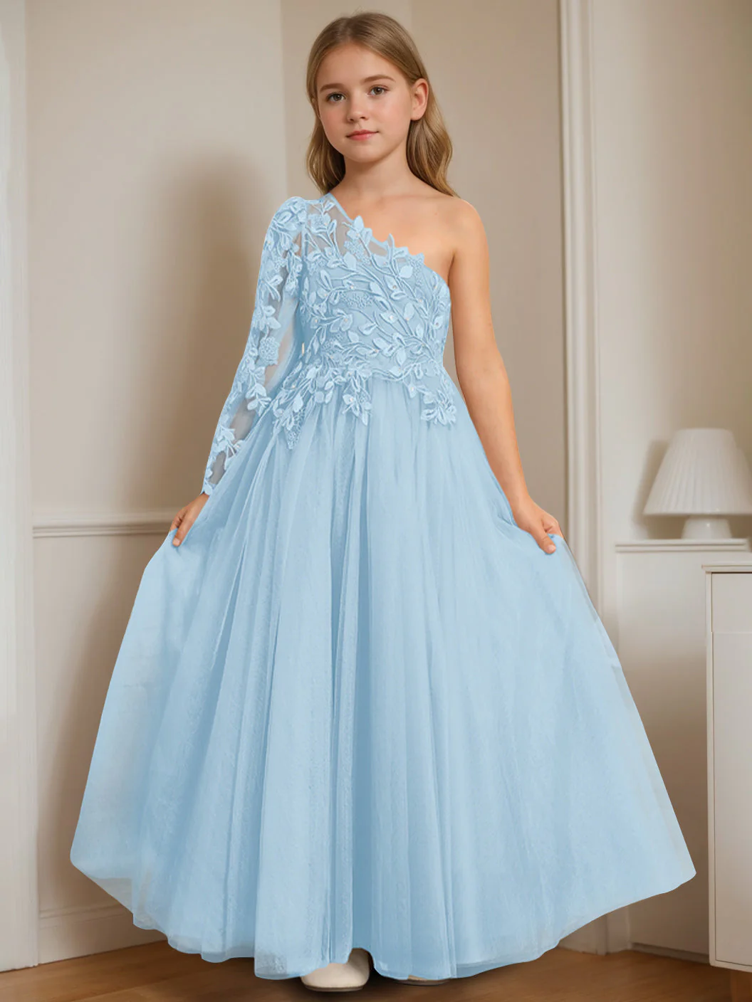 A-Line/Princess One-Shoulder Floor-Length Flower Girl Dress with Appliques - Image 11