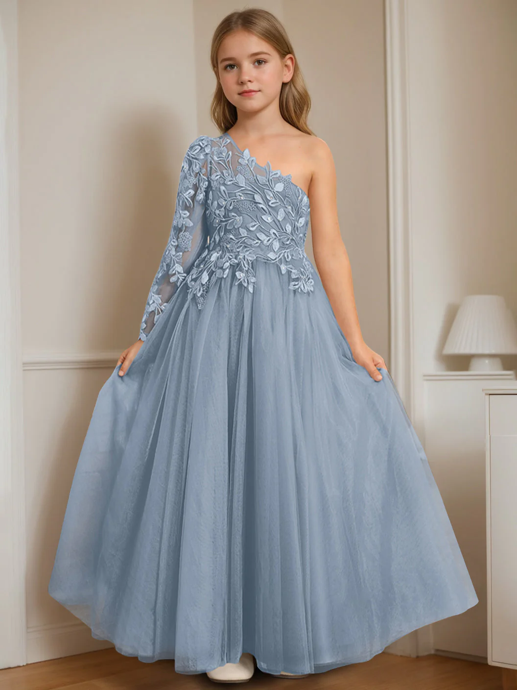 A-Line/Princess One-Shoulder Floor-Length Flower Girl Dress with Appliques - Image 12