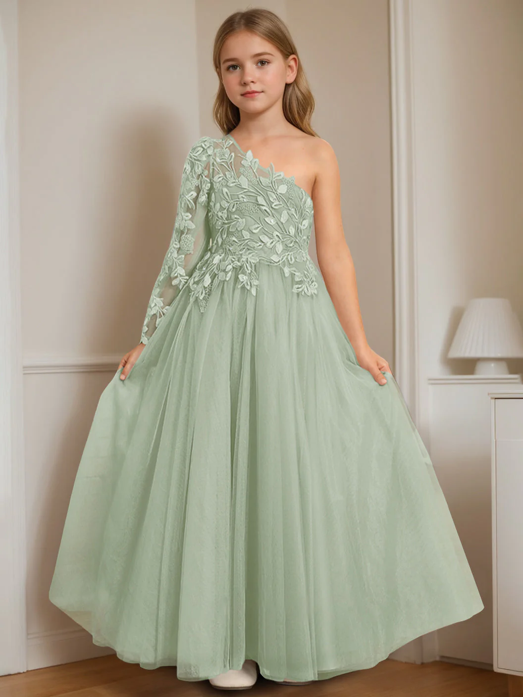 A-Line/Princess One-Shoulder Floor-Length Flower Girl Dress with Appliques - Image 13