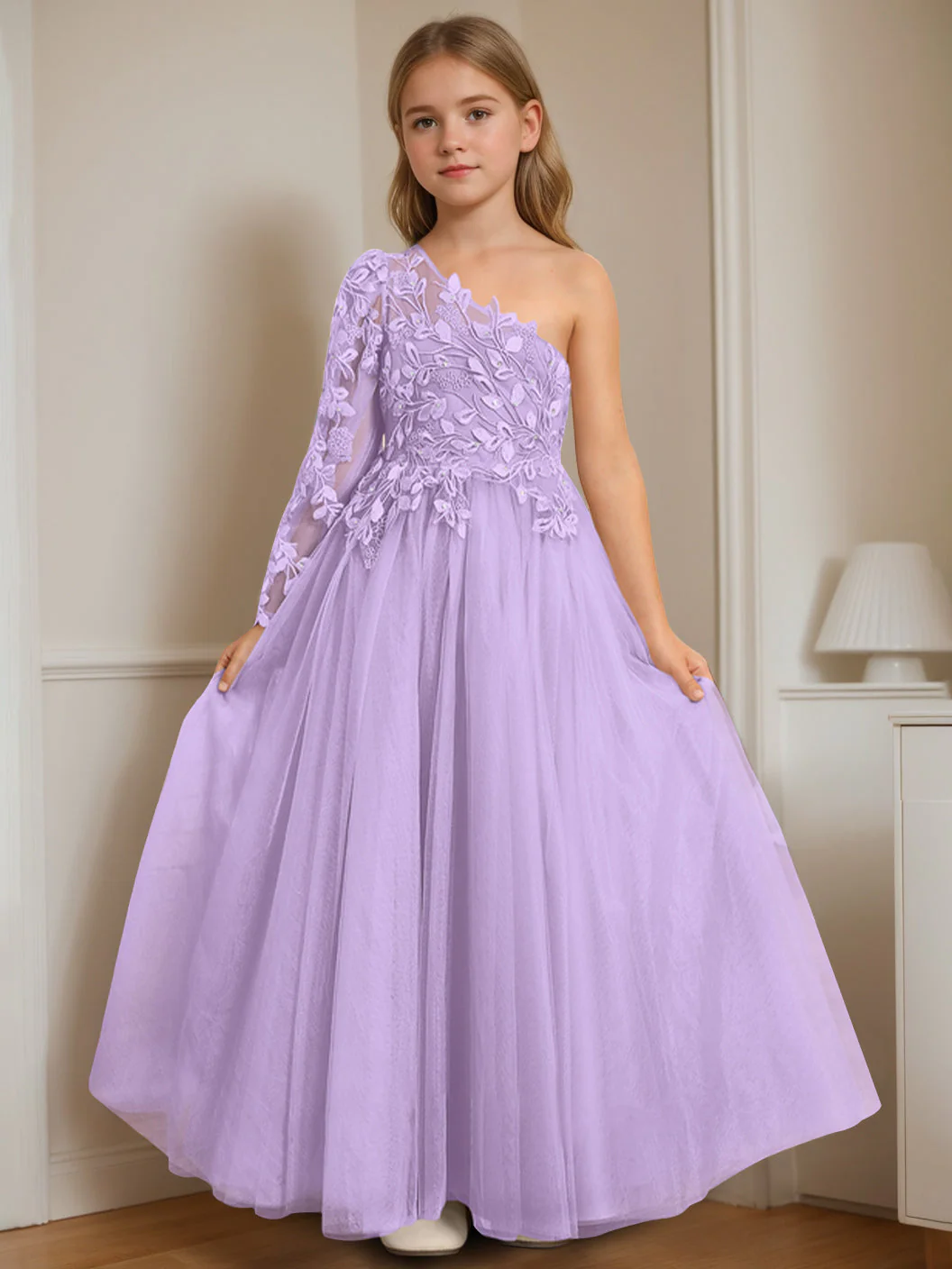 A-Line/Princess One-Shoulder Floor-Length Flower Girl Dress with Appliques - Image 15