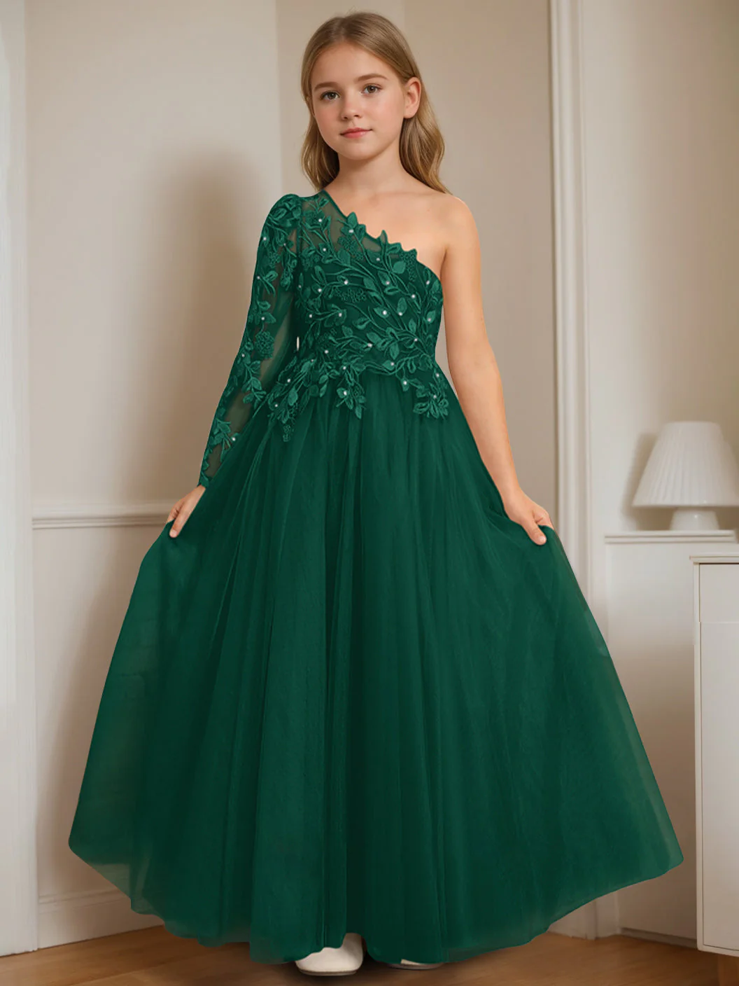 A-Line/Princess One-Shoulder Floor-Length Flower Girl Dress with Appliques - Image 16