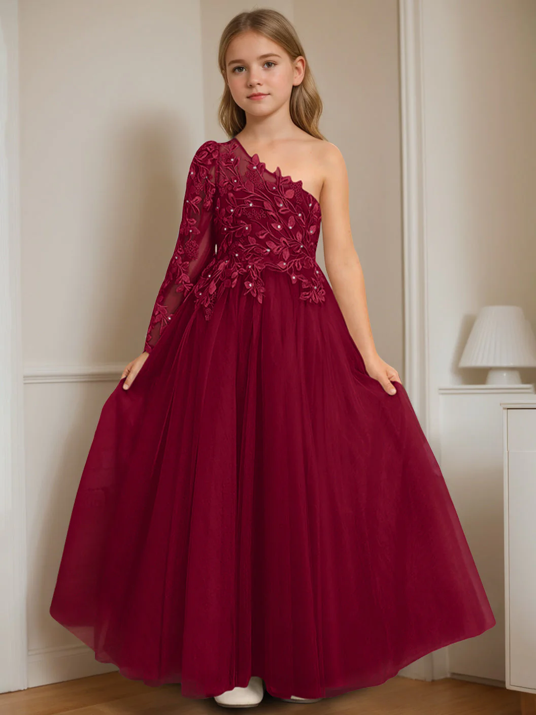 A-Line/Princess One-Shoulder Floor-Length Flower Girl Dress with Appliques - Image 17