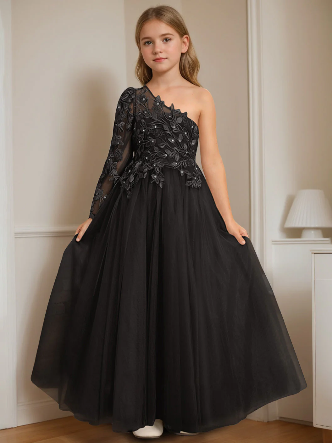A-Line/Princess One-Shoulder Floor-Length Flower Girl Dress with Appliques - Image 18