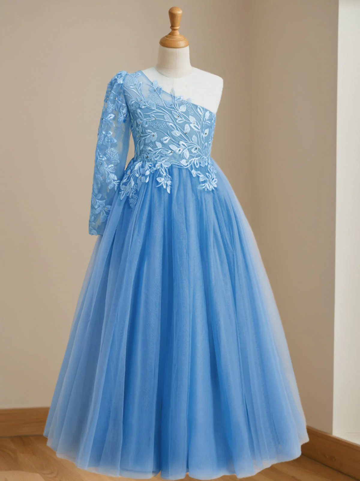 A-Line/Princess One-Shoulder Floor-Length Flower Girl Dress with Appliques - Image 3