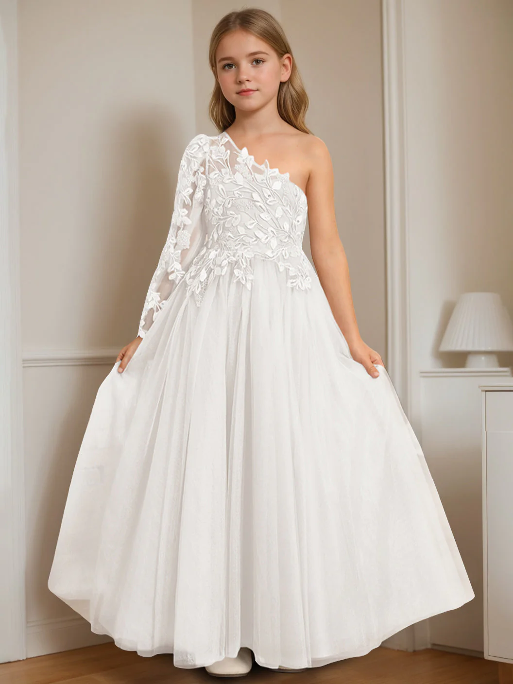 A-Line/Princess One-Shoulder Floor-Length Flower Girl Dress with Appliques - Image 5