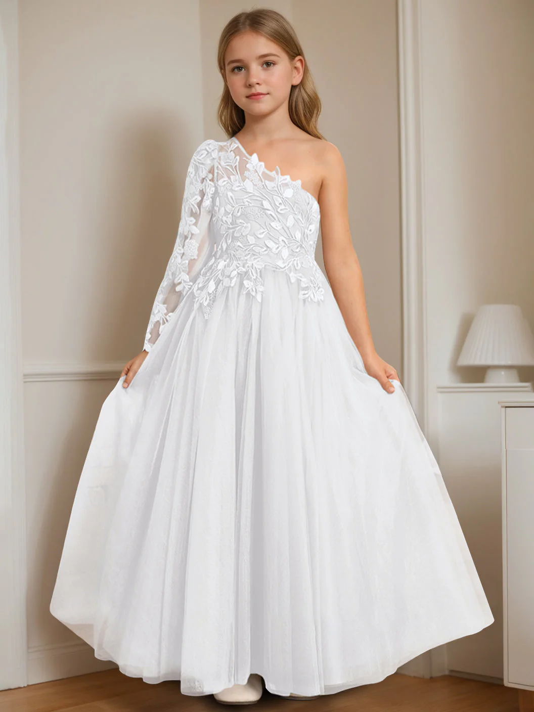A-Line/Princess One-Shoulder Floor-Length Flower Girl Dress with Appliques - Image 6