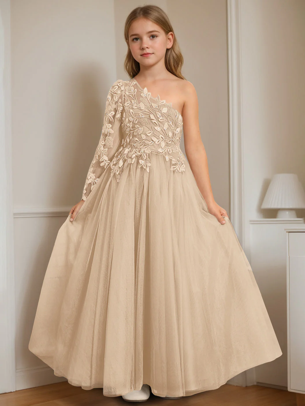 A-Line/Princess One-Shoulder Floor-Length Flower Girl Dress with Appliques - Image 7