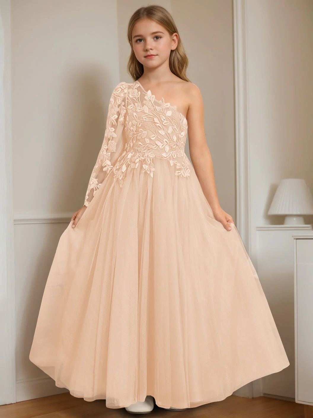 A-Line/Princess One-Shoulder Floor-Length Flower Girl Dress with Appliques - Image 8