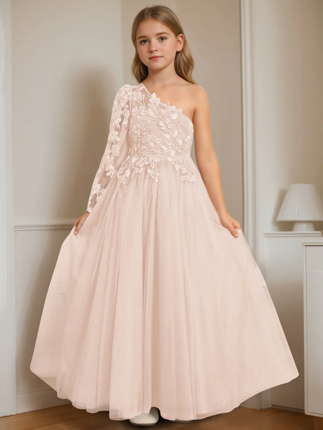 A-Line/Princess One-Shoulder Floor-Length Flower Girl Dress with Appliques - Image 9
