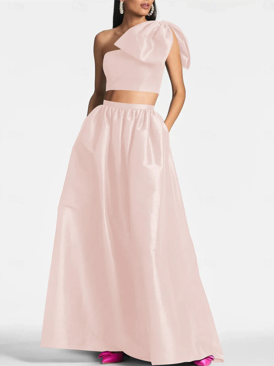 A-Line/Princess One Shoulder Floor Length Sleeveless Wedding Guest Dresses Satin with Tie Pocket Bow(s) - Image 11