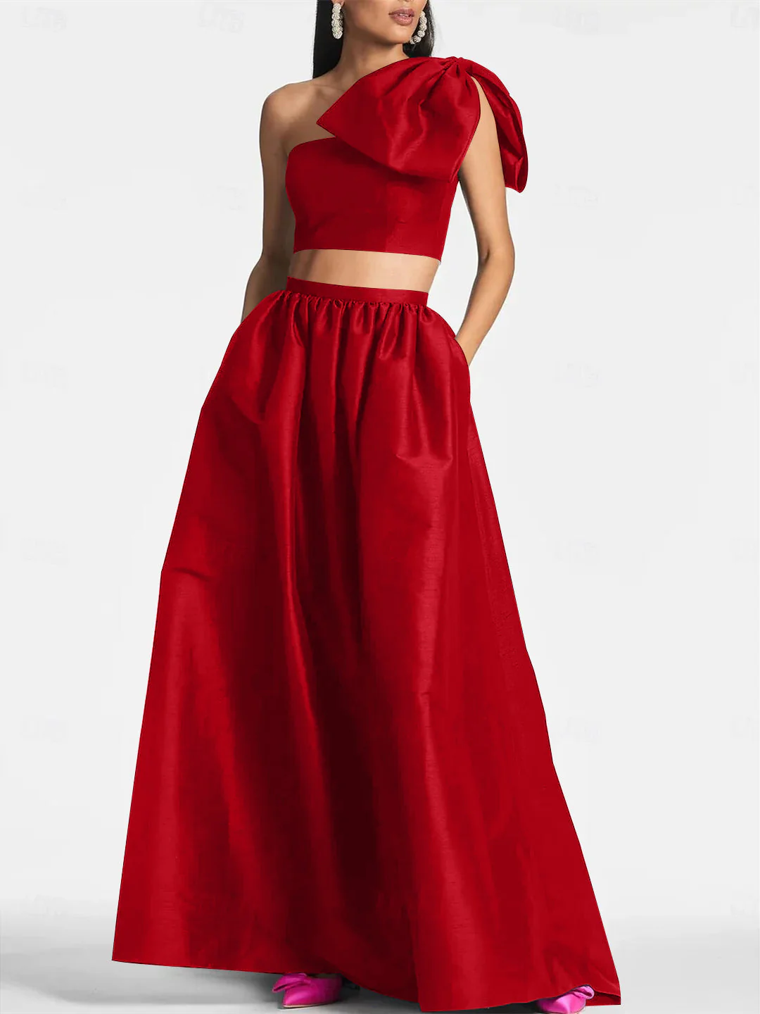 A-Line/Princess One Shoulder Floor Length Sleeveless Wedding Guest Dresses Satin with Tie Pocket Bow(s) - Image 12